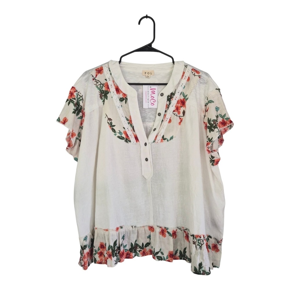 POL Floral‎ Peplum Blouse NWT Small Ivory Cotton Boho Cottagecore Lace Trim Top